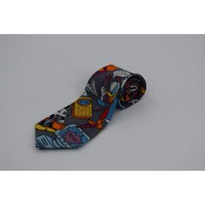 VTG Disney Balancine Tie Office Jerks Mickey Mouse Donald Duck‎ Gray 100% Silk